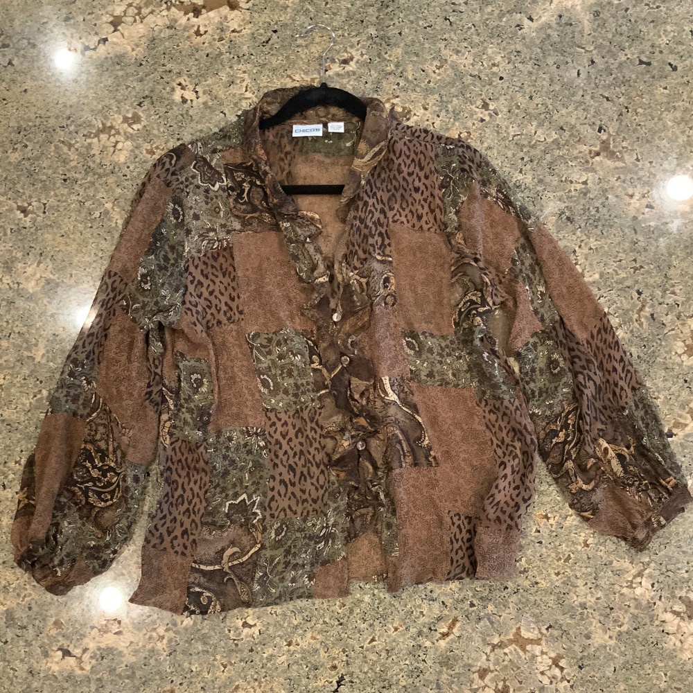 Chico’s Cheetah/Paisley Floral Brown/Green Print Silk Blouse
